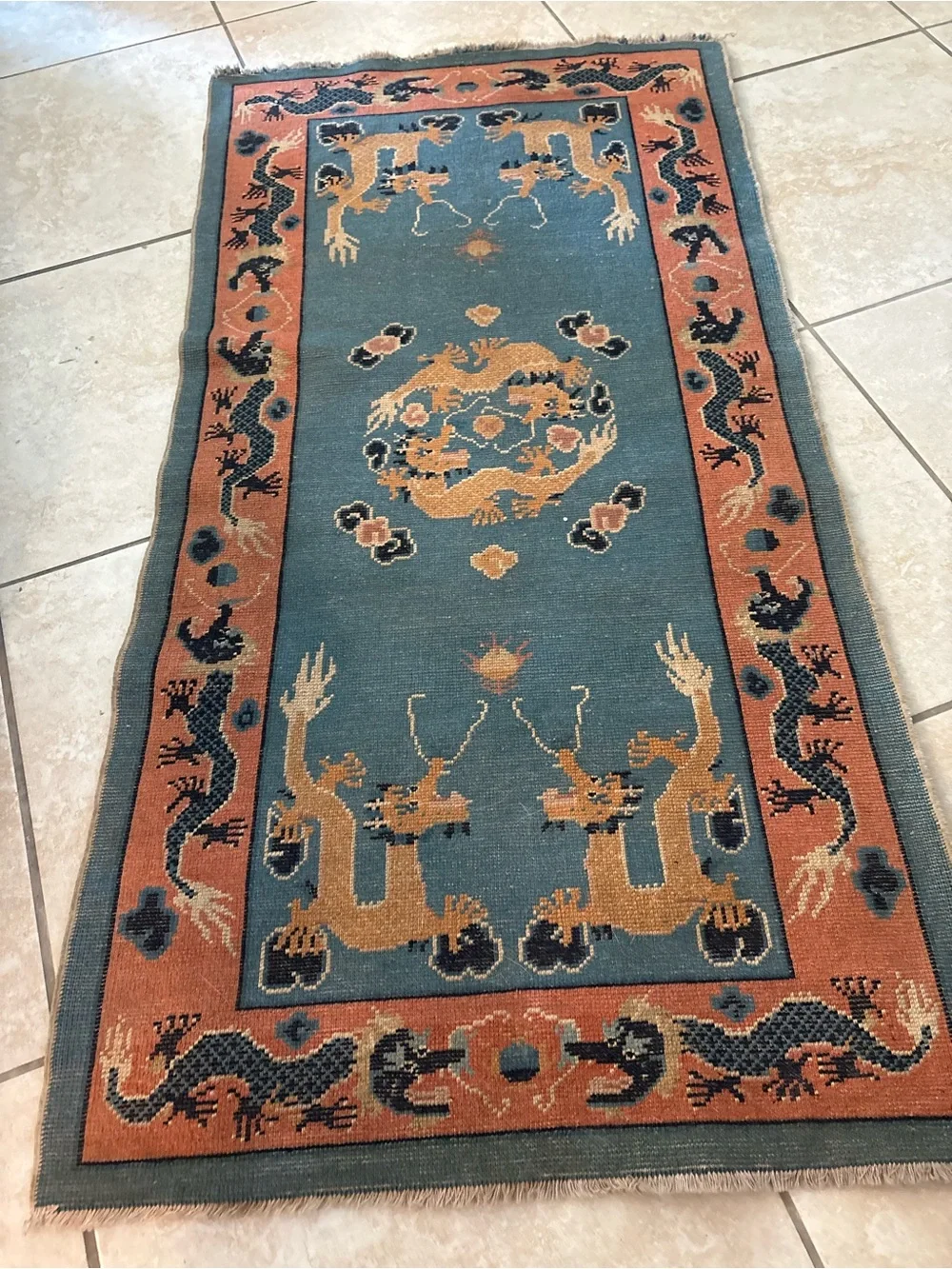 Vintage Chinese-Style Dragon & Crane Runner Rug – Unique Decorative Piece